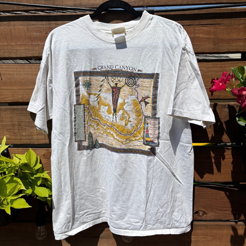 Fred Harvey Grand Canyon T-Shirt Mens XL White 1996 Vintage Map Graphic Good